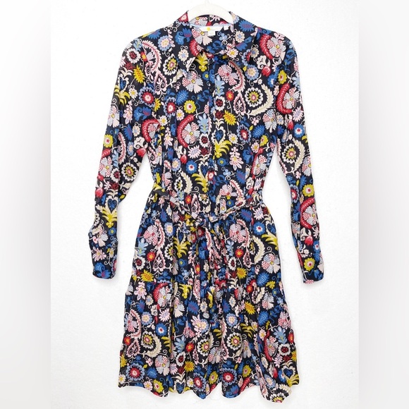 BODEN Flower Paisley Print Shirt Button Down Mini Dress Western Tie Belt Pockets - Picture 2 of 9